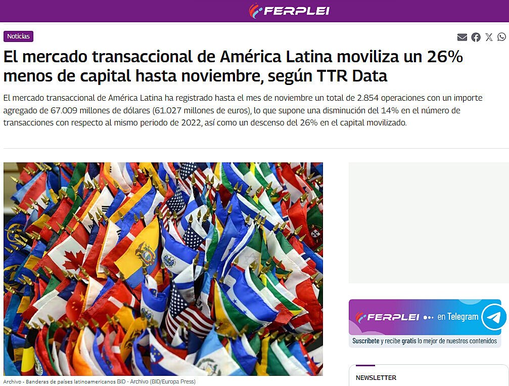 El mercado transaccional de Amrica Latina moviliza un 26% menos de capital hasta noviembre, segn TTR Data
